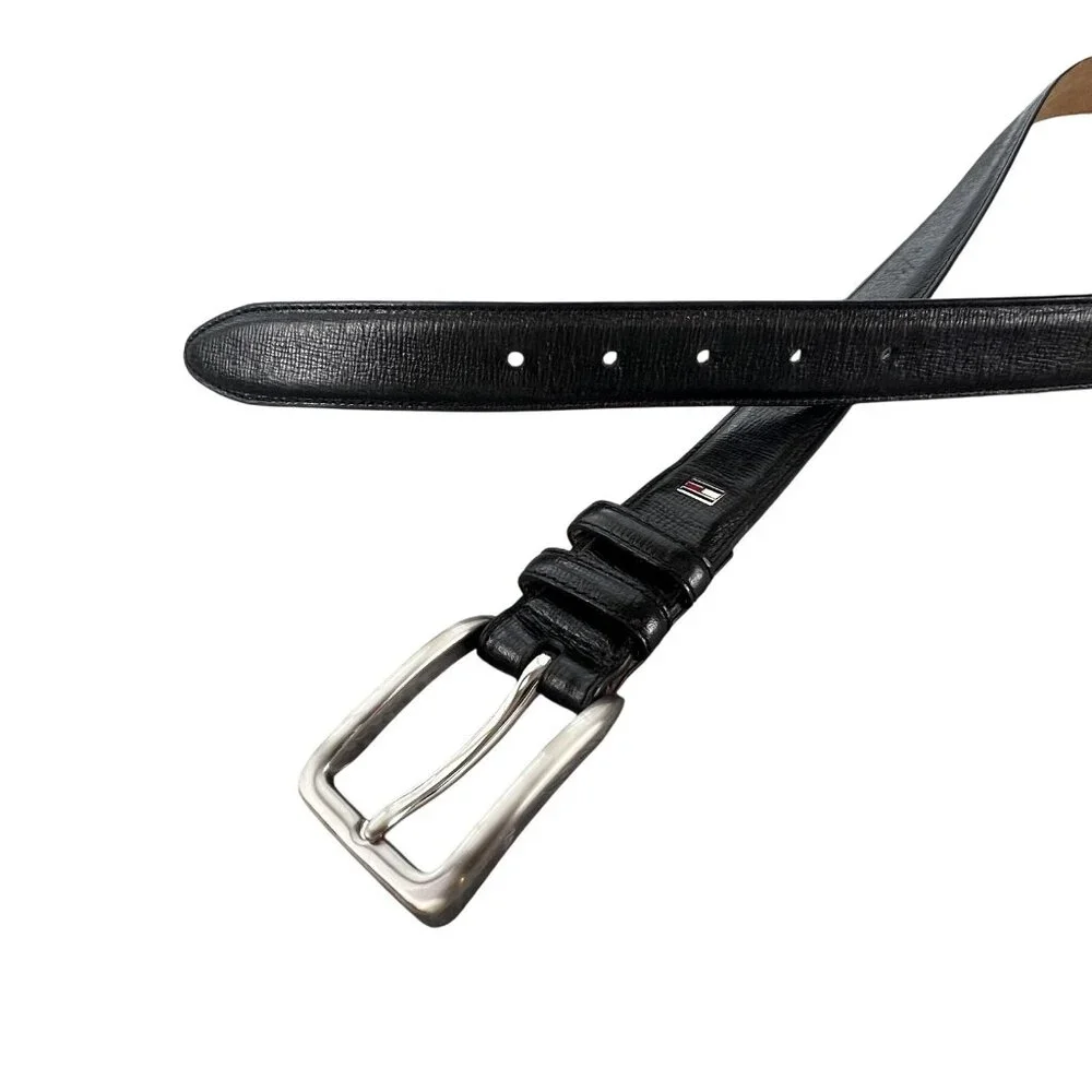 Tommy Hilfiger Mens Belt Black Leather Silver Buckle Dress Classic Formal Preppy